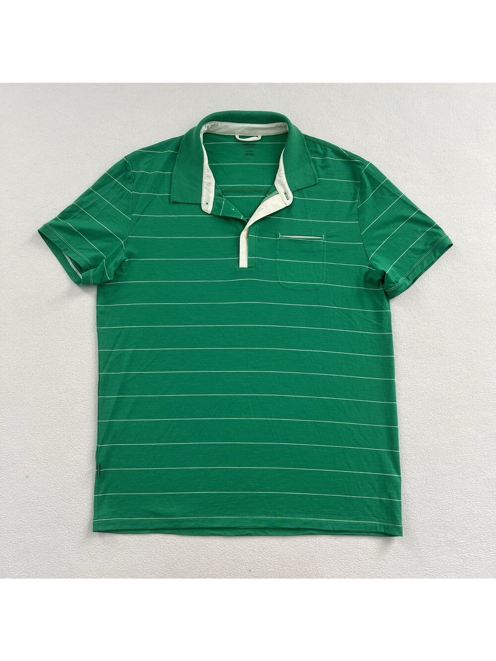 Icebreaker Merino Wool Men Green Stripe Pocket Short Sleeve Quattro Polo Shirt L